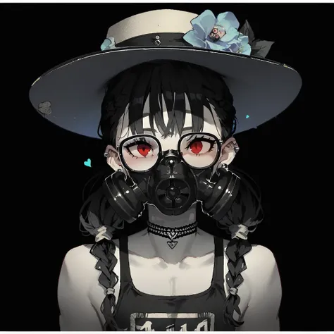 PonyXLV6_Scores, 1girl, animal, black background, black gloves, black hair, blue flower, border, braid, choker, ear piercing, fangs, gas mask, glasses, guitar, hat removed, heart, jewelry, long hair, looking at viewer, male focus, monochrome, open mouth, p...