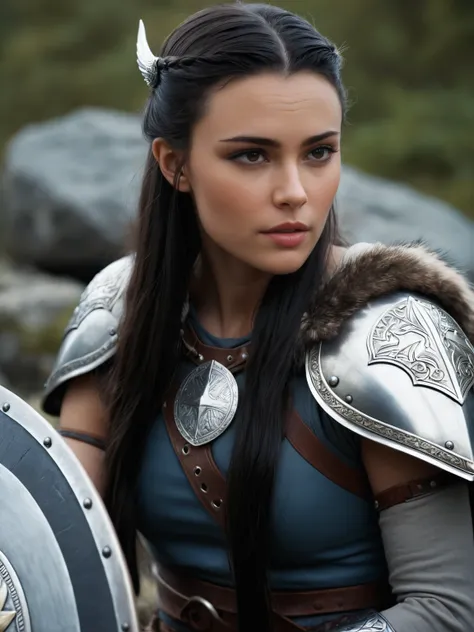 cinematic film still cinematic film still portrait photo of a woman, as a viking Valkyrie with shield, sitting on a rock, black hair, realistic, long hair, brown eyes, pale skin   <lora:R4ch3l:1> r4ch3l, high detail, ziprealism . shallow depth of field, vi...