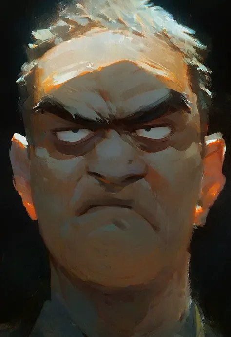 ((score_9, score_8_up, score_7_up)), close-up portrait painting of fat mafia man, scowl, shifting eyes, shadows, black background