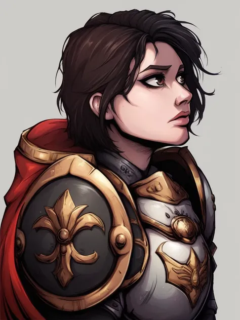 <lora:Zulidian-PonxXL-1024px:0.9>
score_5_up, score_6_up,  
solo, armor, 1girl, short hair, red cape, brown hair, breastplate, brown eyes, shoulder armor, upper body, lips, pauldrons,  grey background, looking away, black hair, simple background, looking t...