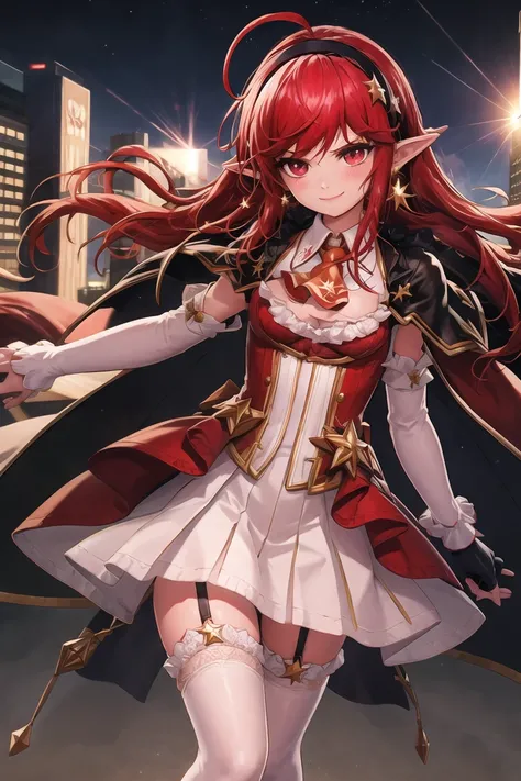 8k,wallpaper,masterpiece,BEST QUALITY,element1,out doors,cityscape,background,lens flare,cowboy shot,smile,blush,<lora:element-000014:0.7>,red hair,long hair,thighhighs,gloves,cape,hair band,skirt,garter straps,looking at viewer,white footwear,pointy ears,...