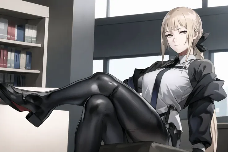 xianhua_anothereden, normal_style_outfit
1girl, solo, closed mouth
sitting on desk,
library
long hair
crossing legs
looks at viewer
 <lora:xianhua_anothereden:0.9>, highres, ultra detailed