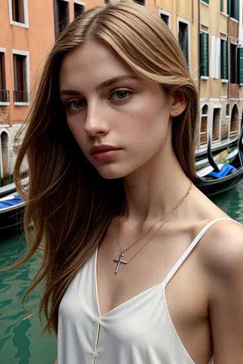 <lora:kawaii7.1.3_obj20:0.75:0.25>, European woman, closeup, (shirt), pants, (venice canals), cross necklace , ZM_fien, wide shoulders, perfect face, (contact iris: 1.1), pale skin, skin pores , depth of field