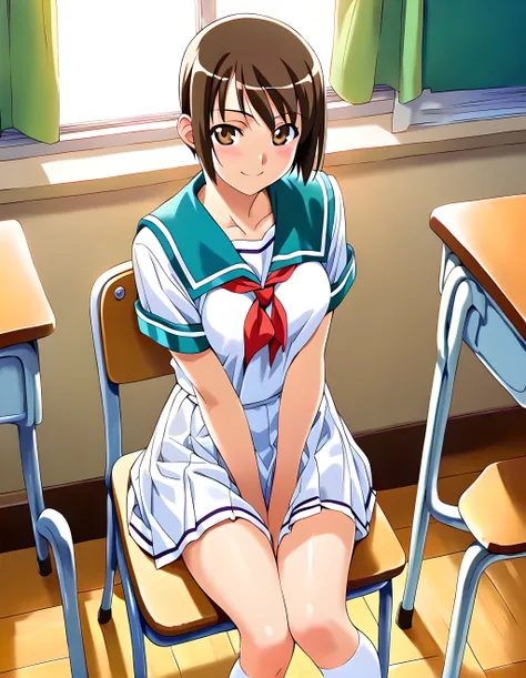 <lora:pony_xl_rika:0.8>,rika,score_9,score_8_up,score_7_up,source_anime,1girl,solo,brown hair,brown eyes,looking at viewer,school uniform,sailor dress,short sleeves,socks,smile,light_blush,classroom,sitting_on_chair,