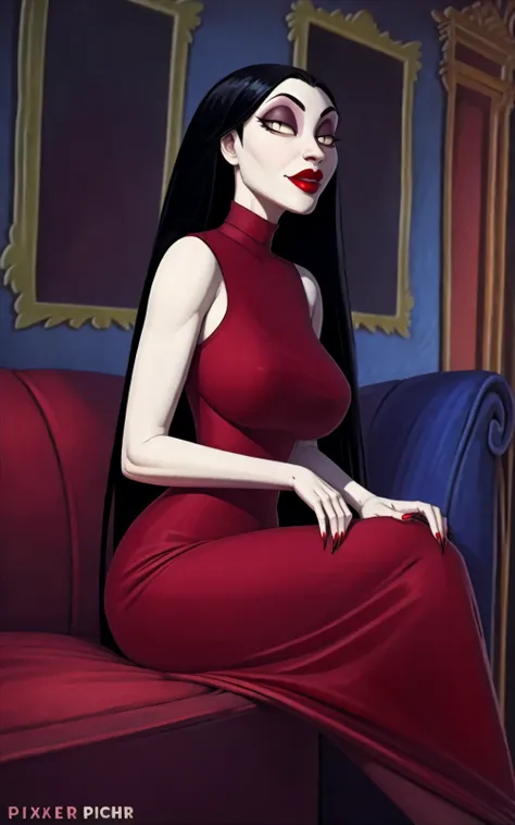 8k,4k,((Best quality, masterpiece, ultra high resolution)),((full body, by pixelsketcher)),   <lora:VeraDracula:0.7>,VeraDracula,human, dress, red dress, very long hair, long hair, black hair, red nails, breasts,large breasts, fingernails, vampire, makeup,...