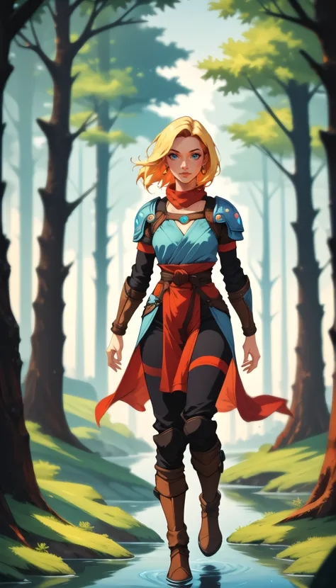 woman with short blonde hair, wearing blue adventurers tunic, walking in a forest, high quality, highly detailed, masterpiece, digital illustration, pg_rating