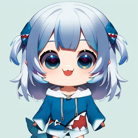 score_9, score_8_up, score_7_up, BREAK,
1girl, chibidokistyle,  chibi, simple background, virtual youtuber,  <lora:chibidokistyle-000004:1>
gawr gura, blue hoodie, white hair , blue eyes, two side up, shark hair ornament, shark tail <lora:gawr_gura_sdxl_po...