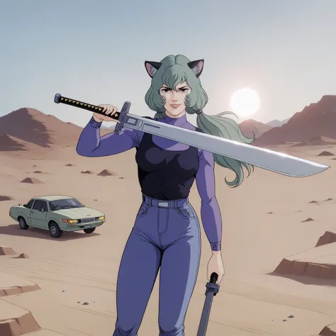 SPZCZB, score_9, score_8_up, score_7_up, score_6_up, source_anime, 1girl, catgirl, purple eyes, smug, low twintails, green hair, compression shirt, long sleeves, jeans, holding sword, barren desert, scorching sun, vast dunes, scarce resources