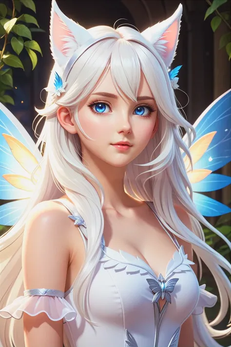 a young white girl in a fairy outfit with white cat ears and wings, 1girl, solo, long hair, blue eyes, wings, looking at viewer, animal ears, upper body, hair ornament, white hair, closed mouth, 
(masterpiece, best quality, ultra-detailed, best shadow), de...