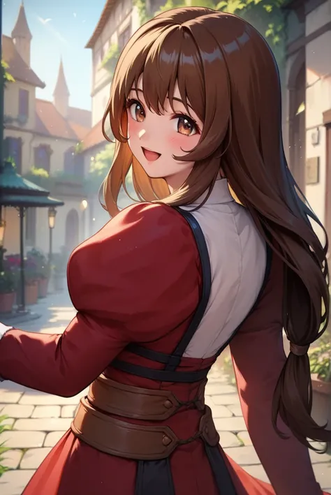 score_9, score_8_up, score_7_up, very aesthetic, source_anime, detailed, high quality, beautiful, masterpiece, detailed eyes,
village, blurry background,
<lora:lightXL:0.8>
cowboy shot, upper body, from behind, close up,
smile, open mouth, blush, looking b...