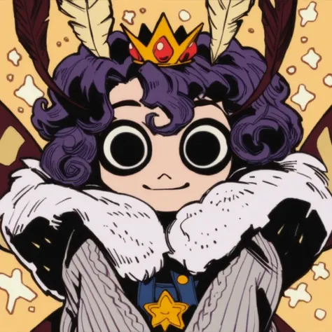 score_9, score_8_up, headshot portrait, mothgirl, moth antennae, four arms, fur trim, gold crown, oversized sweater, grey cardigan, overalls, white star pattern, short curly hair, purple hair, big wide black eyes, smiling, looking at viewer, moth wings