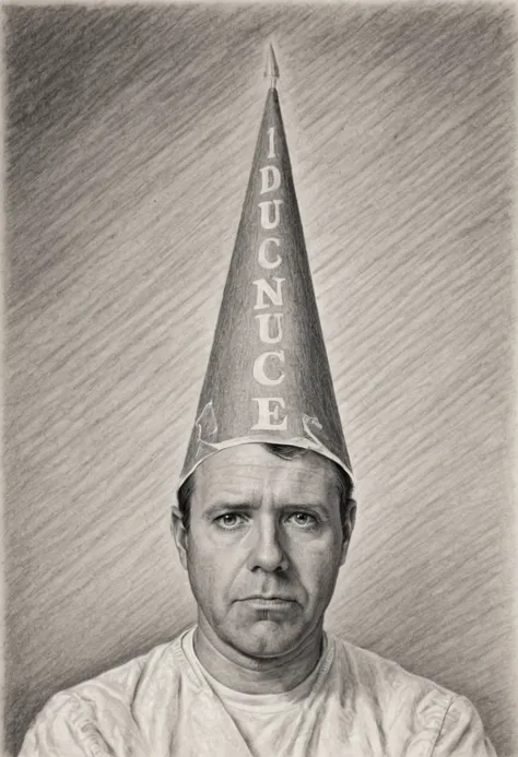 monochrome pencil sketch of a man dunce, portrait, on paper, low details
