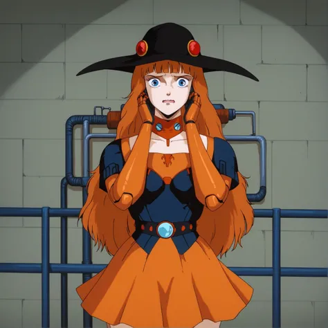 VHD85, score_9, score_8_up, score_7_up, score_6_up, source_anime, 1girl, wide-brimmed hat, black headwear, blue eyes, wavy mouth, hime cut, orange hair, suspender skirt, cybernetic body modification studio, body augmentations, biohacking enhancements, iden...