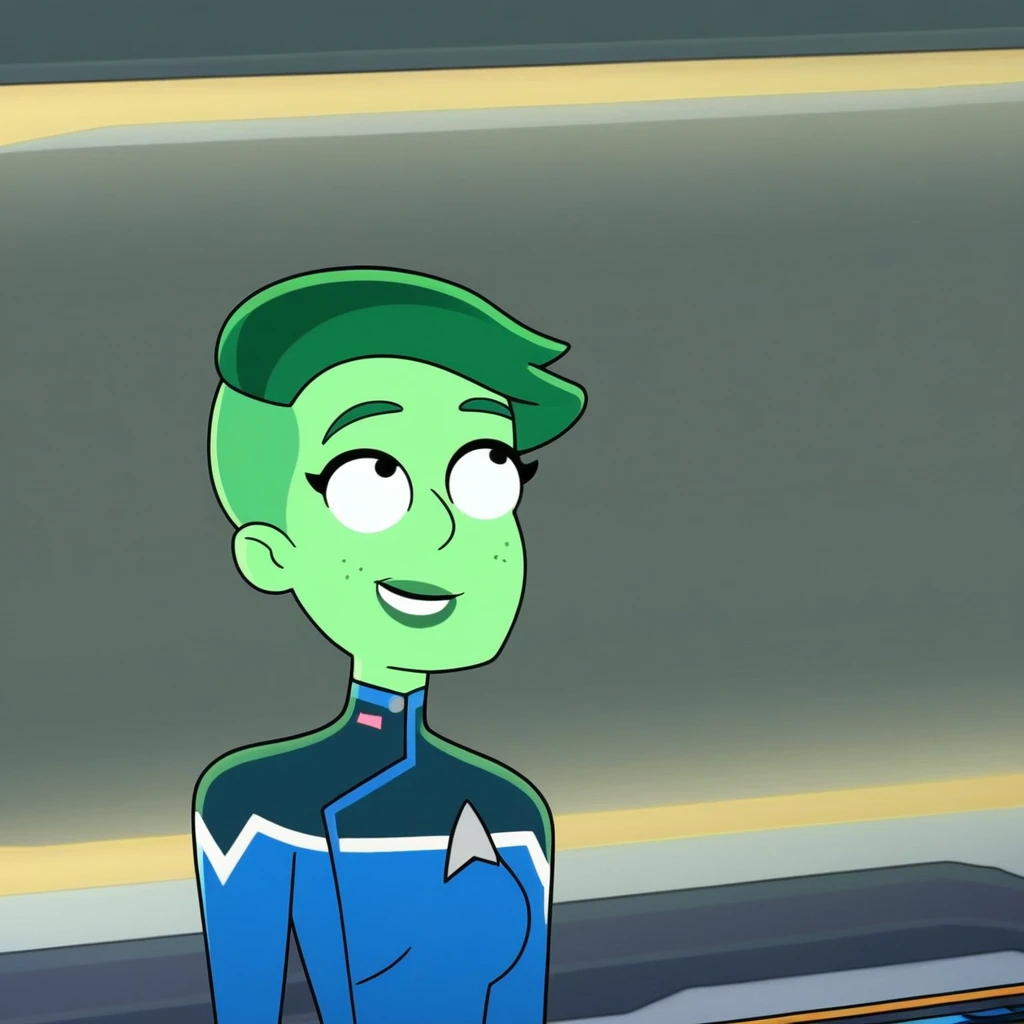 Tendi, 1girl, green skin, short hair, in a starship, smiling