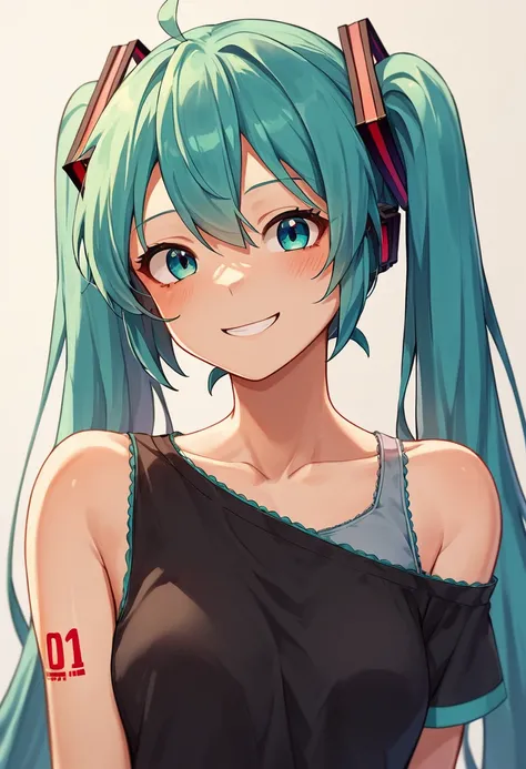 score_9_up score_8_up score_7_up, source_anime, 1girl, hatsune miku, smile, single bare shoulder shirt