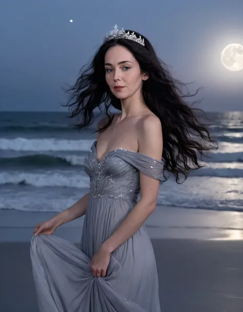 Alone on a moonlit beach, Julia, the beautiful female with raven tresses styled in loose, romantic waves, stood clad in her silvery-gray flowing evening gown as she gazed wistfully at the vast ocean beneath the starlit sky, the delicate gemstone-tipped tia...