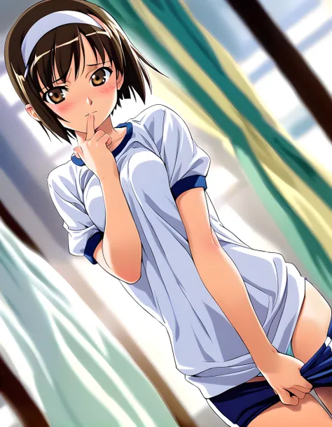 <lora:pony_xl_rika:0.8>,rika,score_9,score_8_up,score_7_up,source_anime,1girl,solo,brown hair,brown eyes,solo,looking at viewer,white hairband,hairband,hair ribbon,bow,gym uniform,short sleeves,white shirt,buruma,blue buruma,blush,cowboy shot,standing,emba...