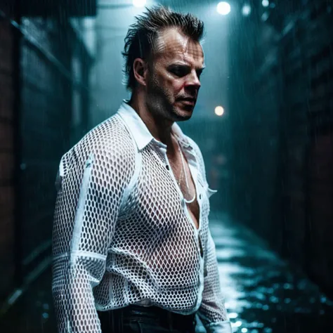 photo realistic, cinematic,Uun0Turh4pur0,man wearing white fishnet shirt in a dark alley,looking at viewer, heavy rain,  dramatic pose,cyberpunk,  <lora:UunoTurhapuroSDXL:0.9> <lora:add-detail-xl:1.0>