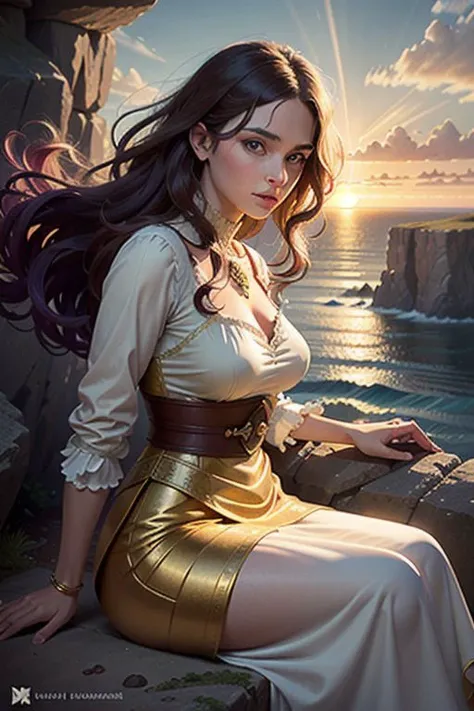 Masterpiece quality, intricate and detailed digital painting in a style reminiscent of Renaissance masters, with a focus on realism and light. Imagine a young sorceress, no older than a teenager, perched atop a windswept cliff overlooking a vast, swirling ...