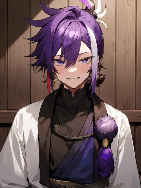 (masterpiece), 1boy, looking at viewer, smirk, teeth,
tavern, wood walls, 


banzoin hakka, BanzoinHakka, purple hair, purple hair, white streaked hair, spiky hair, bangs, feathers in hair,  blue eyes, earrings,
white japanese clothes, black turtleneck, bl...