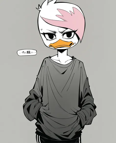 score_9, score_8_up, score_7_up, score_6_up, best quality, highres, source_furry BREAK  greyscale, lineart, monochrome, manga, japanese text
1girl, female, duck, lena sabrewing, white skin, white arms, oversized clothes, young, short hair, pink highlights,...