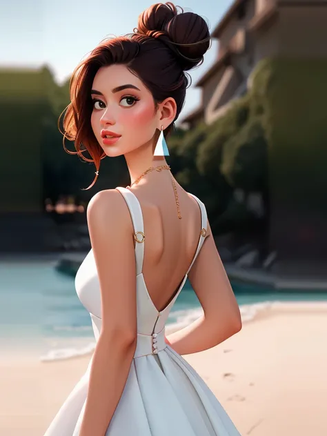 Realistic photo of a beautiful 4l3j4ndr4g woman,1girl, solo, brown hair, dress, jewelry, standing, earrings, looking back, necklace, hair bun, white dress, high heels, single hair bun, ring, backless outfit, realistic, magazine cover, fake cover, soft ligh...