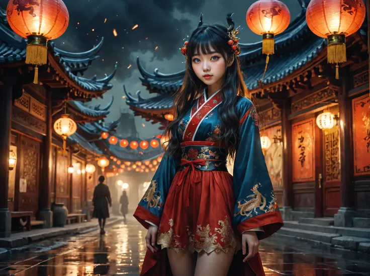 Gothic style a cute korean large-eyed girl,slight smile,long wavy hair,bangs,fairytale realistic digital art,photoreal,realistic,dark atmosphere texture,moist oil painting,ink and wash painting,double drops,bare legs,festive mood,Dragon,Lantern,Oriental Ar...