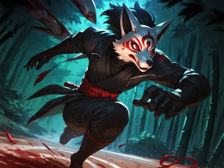 adult man, black hair, red eyes, fox_mask, black ninja, black coat, battle, battle stance, running, bamboo forest, night, sky, weapon, throwing, blood on clothes, night, dynamic angle, solo, <lora:LeagueOfLegendsV4:0.8>, score_8_up, score_7_up