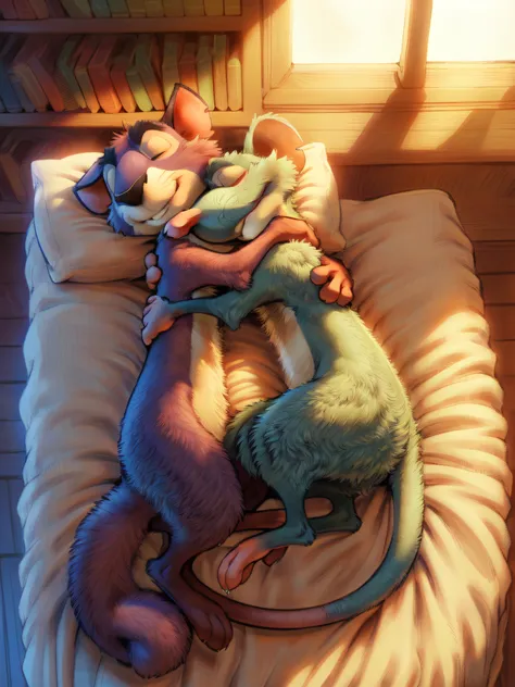 (duo:1.3), buddy rat, surly squirrel, feral, feral, micro, by gerrkk, by redrusker, by zackary911, 
eyes closed, 
sleeping, side hug, sunny day, volumetric lighting, study, bookshelf, arch window, bed, lying, on back, cuddling, hug, full-length portrait, s...