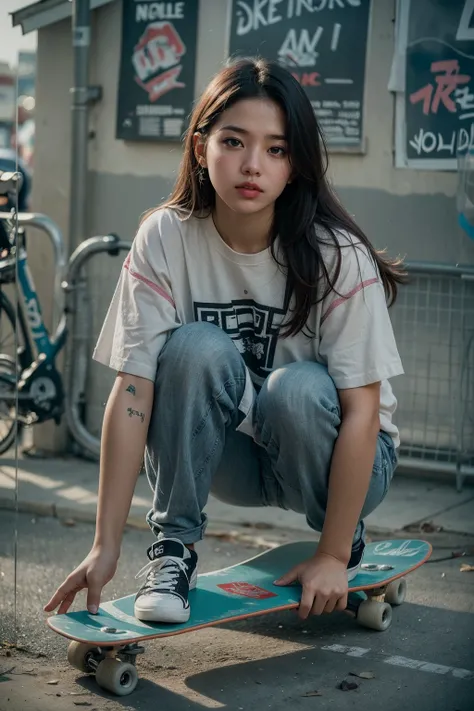 (realistic:1.3) , finely detailed, quality, (masterpiece:1.2) , (photorealistic:1.2) , (best quality) , (detailed skin:1.3) , (intricate details) , ray tracing, dramatic, 1 girl, (cute korean Ethereal Female), (film grain:1.2), Skate park, Skateboard ramps...