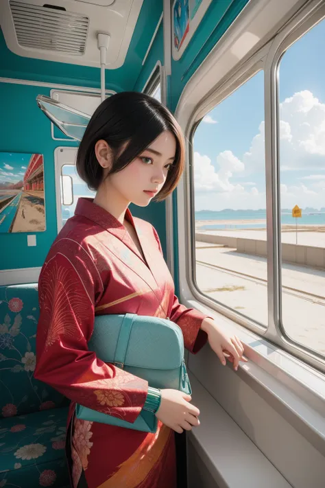 1girl, (stylized by Arthur Tress:1.0) and (Lucio Fontana:1.2) and (Kunio Okawara:1.2) , surrealism art, grand, elegant, (Azure theme:0.7) , Long exposure of a Drab Exotic White and Forest Green New Wave ([Purse|Train]:1.3) , it is made from Nickel, it is i...