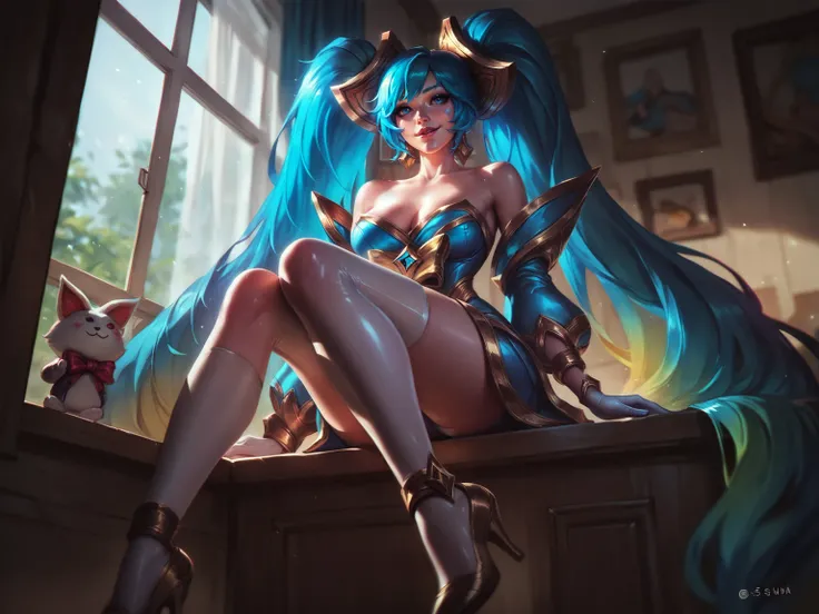 league of legends style, sona \(league of legends\), sitting on window, indoors, seductive smile, <lora:leagueoflegendsv4:0.8>, ...