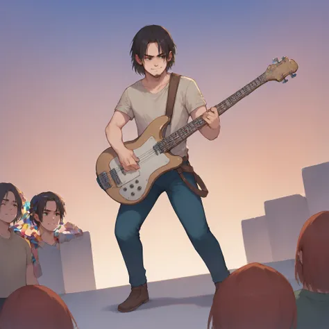 (score_9,score_8_up,score_7_up,score_6_up,score_5_up,score_4_up),
best quality,masterpiece,  <lora:ReyXl:0.8>, Rey, 1boy,  band, concert, playing bass guitar