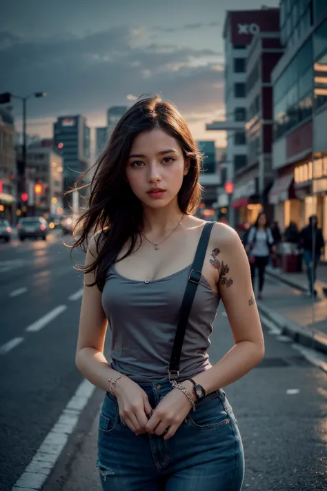 (realistic:1.3) , finely detailed, quality, (masterpiece:1.2) , (photorealistic:1.2) , (best quality) , (detailed skin:1.3) , (intricate details) , ray tracing, dramatic, 1 girl, (cute Ethereal Female), (film grain:1.2), City, Buildings, Roads, Cars, Highw...