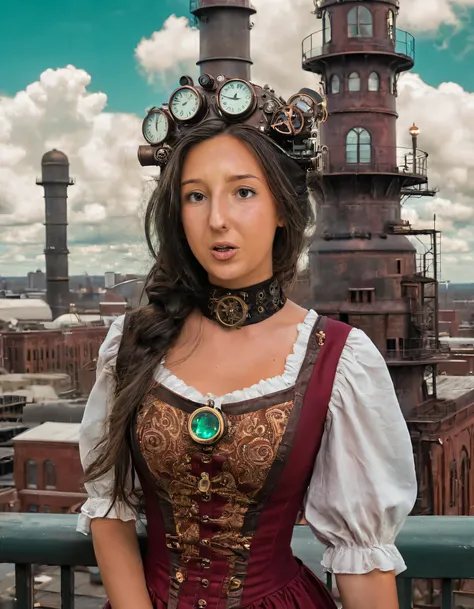 In this otherworldly scene, Taylor Alesia enraptures viewers as she personifies the steampunk-inspired citys heart with her striking presence, a surreal blend of beauty and mystery amidst clock towers and Victorian-era factories, swirling clouds and smokes...