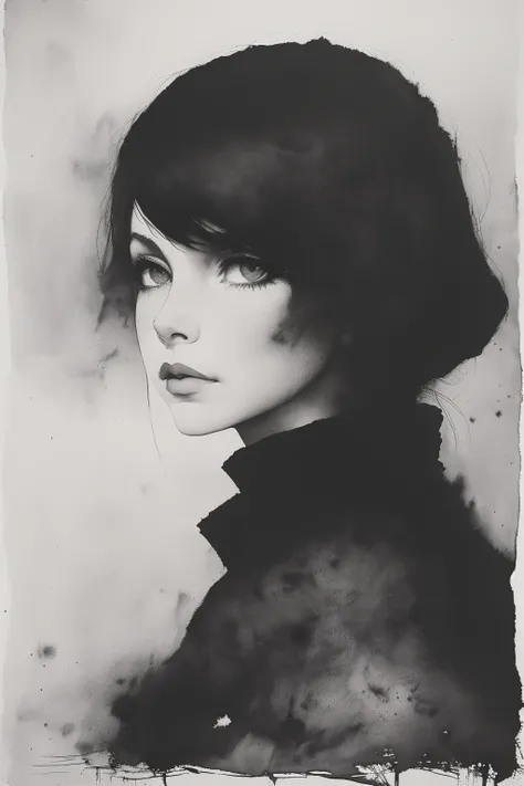 masterpiece,best quality,<lora:tbh100-:1>,style of Norman Ackroyd,aquatint,watercolor,black and white,illustration,portrait,1girl,