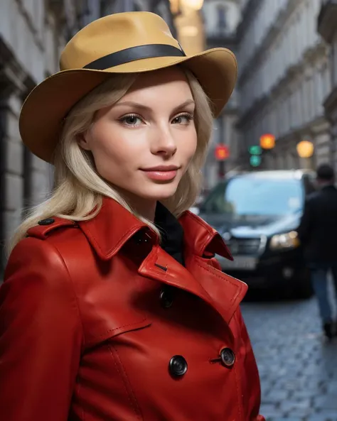 Chz-Adelia3, (meticulously-detailed, Ultra-HD-realistic, 8k:1.3), close-up, RAW photo, of 1girl as a real-life Carmen Sandiego, international woman of mystery, (red-trench-coat, red-fedora:1.2), (coat-collar up hiding face slightly), standing on a dark str...