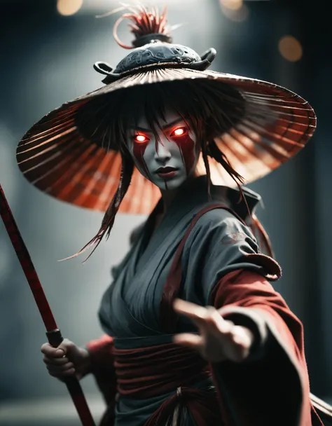 Capture the essence of a weathered old and worn-out female cyborg samurai amidst (swirling magical whisps). Bent forward, obscured beneath a large, round sedge hat, their face hidden behind the shadow. With arms outstretched, each hand holds a hovering, se...