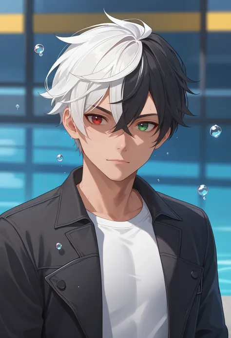 score_9, score_8_up, score_7_up, solo, looking at viewer, short hair, shirt, black hair, 1boy, closed mouth, jacket, red eyes, white shirt, upper body, white hair, male focus, multicolored hair, open clothes, red two-tone hair, black jacket, green eyes, bl...