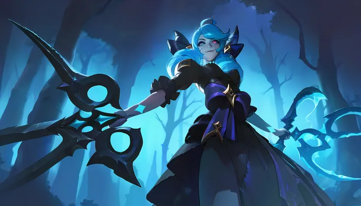 very detailed, 1girl, 1 gwen (league of legends), solo, standing, from below, holding a huge blue scissors made by soul as weapon, smile with closed mouth, feet out of frame, detailed background, soul, ghost, shadow, beautiful color, lighting and shadow, b...