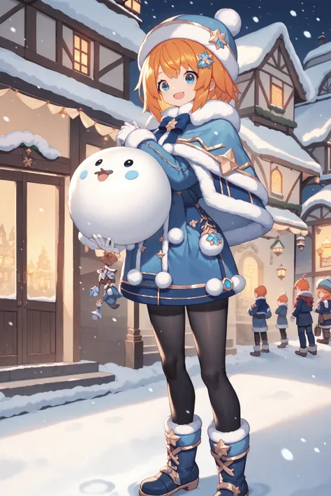 score_max, (score_9, score_8_up, score_7_up:1.2), score_6_up, official_art,
, masterpiece, absurdres, high detail, official art, 8k,
winter village, snowing, snow man,
standing, holding snowball, smile,
young girl, tkle, orange hair, medium hair, blue hat,...