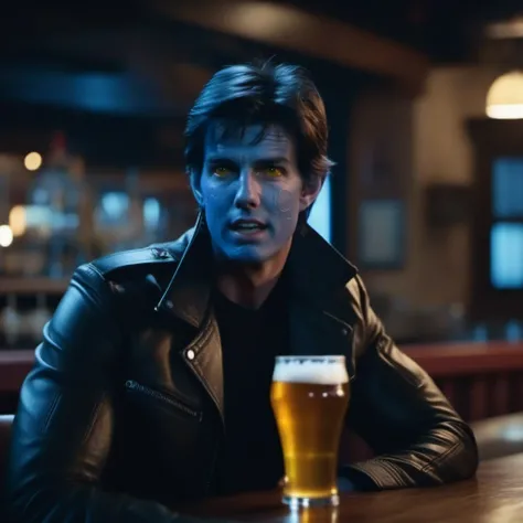 cinematic photo tom cruise with a blue skin, pointy ears, turtleneck, leather jacket, yellow eyes, having a beer in a pub <lora:NightCrawler1024:0.9> . 35mm photograph, film, bokeh, professional, 4k, highly detailed