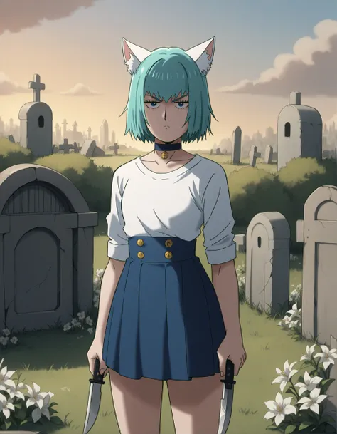 MZBPSZ, (score_9, score_8_up, score_7_up, score_6_up, source_anime:0.8), 1girl, catgirl, blue eyes, serious, chonmage, aqua hair, bolero, high-low skirt, choker, white flower, knife, outdoors, graveyard, white animal ear fluff