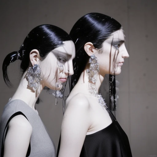 smile, black hair, profile, 2girls, looking down, from side, bare shoulders, simple background, lips, grey eyes, blurry background, gem, solo focus