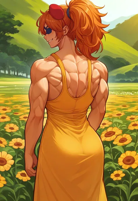 score_9, score_8_up, score_7_up, source_anime, from behind, solo, 1girl, zjzess, muscular female, smile, looking back, ponytail, eyepatch, yellow sundress, bare shoulders, outdoors, flower field <lora:oc_zess_ponyXL:1>