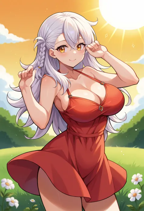 score_9, score_8_up, source_anime  BREAK solo, 1girl, cowboy shot,  looking at viewer,
<lora:OlgaMariePdxlDwnsty:1>, olgamarie, yellow eyes, white hair, long hair, side braid, bare shoulders, red dress, sundress, sun hat, 
curvy, large breasts,smile, hands...