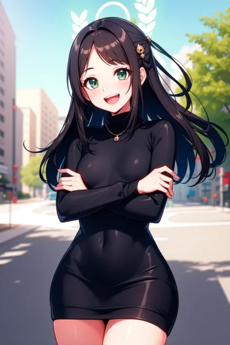 solo, masterpiece, best quality, outdoors, street, cowboy shot, looking at viewer, open mouth, smile, airi, green eyes, black hair, long hair, parted bangs, hair ornament, halo, ribbed sweater, sweater dress, turtleneck, long sleeves, crossed arms