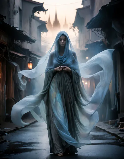 misty cityscape, the image portrays a mysterious figure cloaked in layers of flowing, iridescent fabric that shifts and shimmers in the flickering light of lanterns and streetlamps. the cityscape behind them is a blend of ancient architecture and industria...