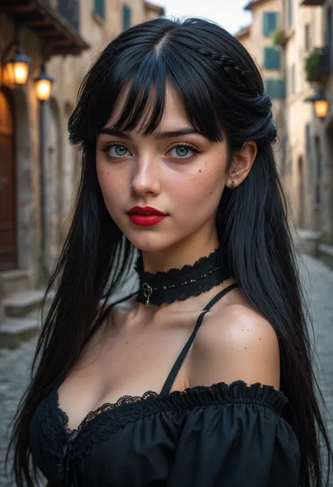 1girl,witch, (hair bangs), braids, side view,full body, petite, bright picture, cute italian girl, blue,(black hair), facing the camera, highly detailed, epic, (straight hair:1.7), gorgeous, film, Ultra High Resolution, wallpaper, 8K,Rich texture details, ...