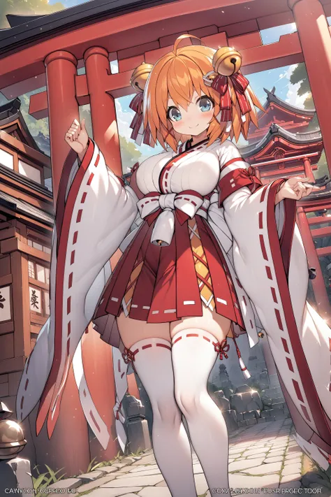 , masterpiece, absurdres, high detail, official art, 8k,
shrine, torii, shide, stone road,
standing hamaya, ornament, light smile,
young girl, tkle, orange hair, short hair, hair ornament, hair ribbon, japanese_clothes, miko, wide_sleeves, white_thighhighs...